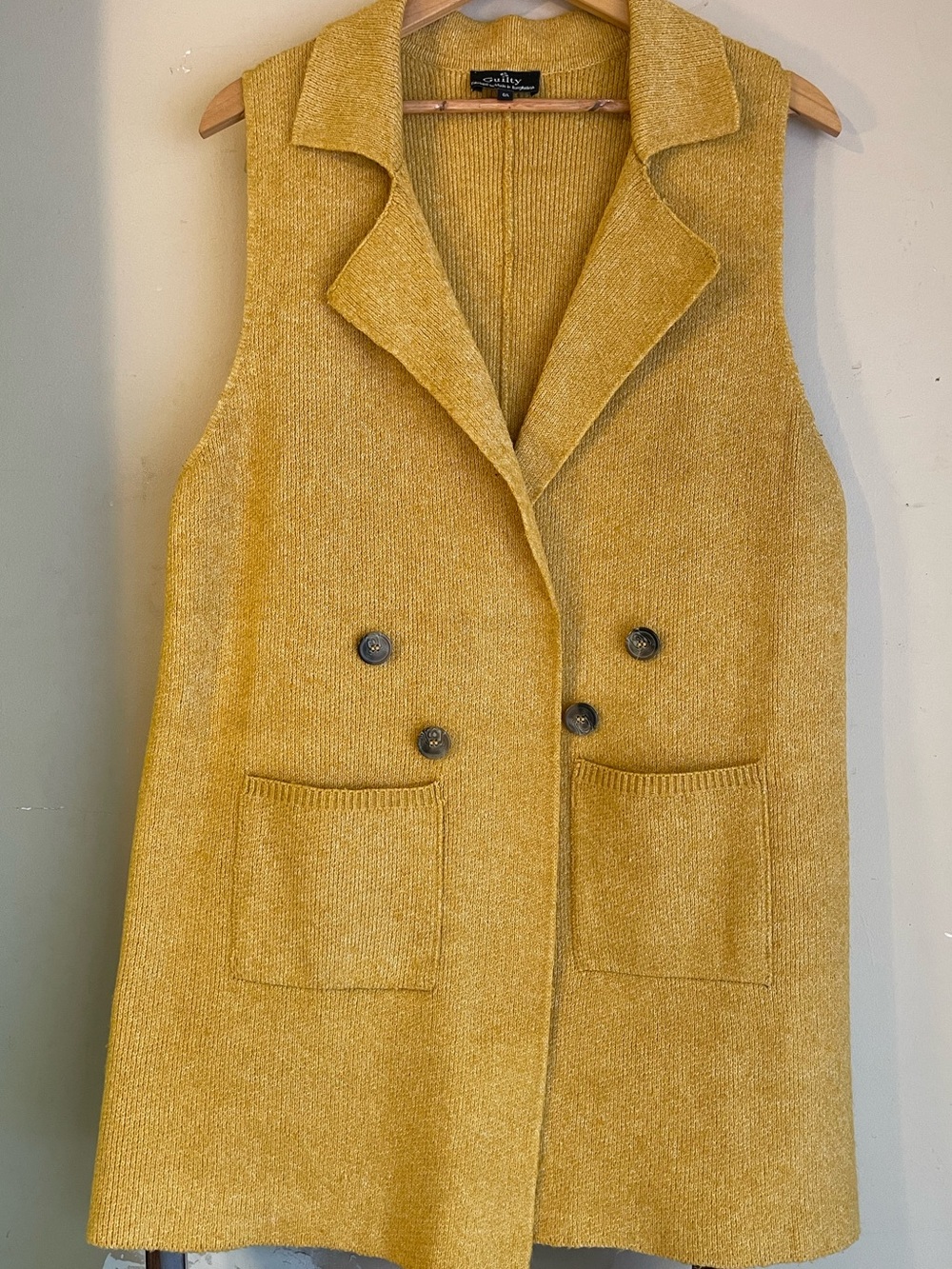 Guilty Mustard Yellow Double Breasted Knit Duster Vest Cardigan Pockets L